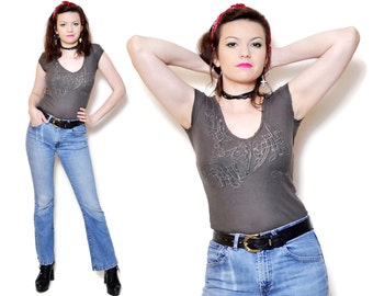 Diesel Blouse 90s Bodycon Pattern T Shirt Green Tops Vintage Tight Rock and Roll Grunge Tees Edgy Women Biker Woman School 90s Vacation