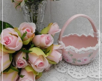 Ceramic Pink Blush Egg Basket, Hand Painted with Cottage Roses Strokes and Dots, Easter, Spring Home Accent, ECS