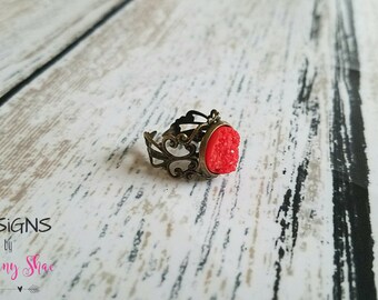 Cherry Red Druzy Filigree Ring