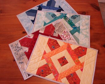 Yellow Red Teal Blue Pieced and Quilted Placemats