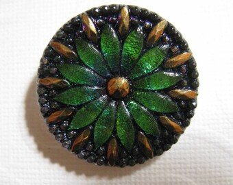 31mm Czech Glass Floral Button, Green Transparent, Gold Center and insets - B/171
