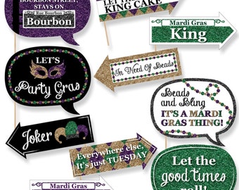 Funny Mardi Gras - Photo Booth Props - Mardi Gras Party Photo Booth Prop Kit - 10 Photo Props & Dowels
