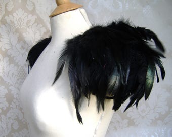 GOTHIC BLACK FEATHER epaulettes , black feather wings, black feather shoulders, burlesque feather shoulders. steampunk, feather wings.