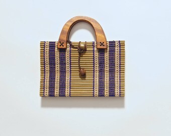 Pequeña fibra Natural morado Boho madera bolsa