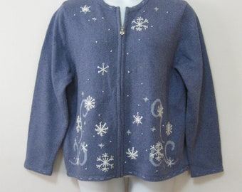 Misses XL Blue Zip Front Cardigan Sweater with Embroidered Snowflakes Silk Blend Embellished See Details