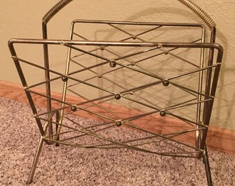 Vintage Magazine Rack Brass Gold Tone Metal - Hollywood Regency Mid Century Coil Handle
