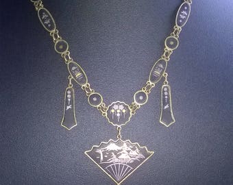 1920's japanese damascene fan drop necklace k24