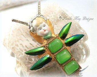 Jeweled Beetle Art Doll Brooch Soldered Wearable Assemblage Art Doll Mixed Media Soldered Rhinestone Pin Broach