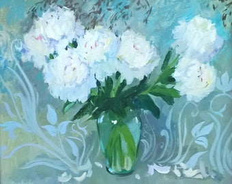 Oil painting Peony wall art Still Life painting White peony painting White flower painting White peony wall art Floral art Kitchen wall art