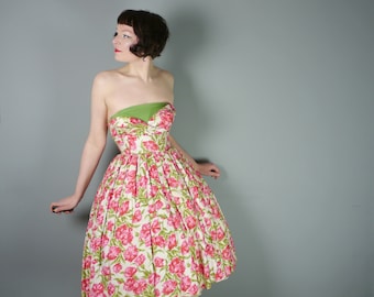 50s COTTON dress with red and PINK flowers - strapless PETAL shelf bust and full skirt - romantic 1950s summer dress - xs