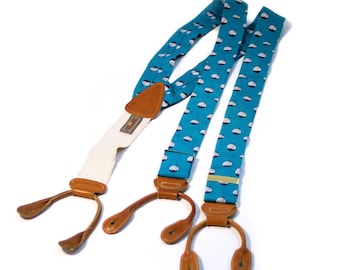 80s Trafalgar Braces, Sailboat Print Braces, Trafalgar Suspenders, Boat Print Suspenders, Blue Boat Print Braces, Leather Braces, Men's Gift