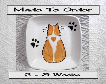 Orange and White Cat With Heart on Square Ceramic Dish or Bowl Handmade To Order