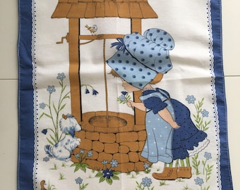 Vintage Kitsch Tea Towel- cute little girl at wishing well.