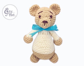 READY TO SHIP! Classic Teddy Bear Stuffed Animal with Bow Hand Made Crochet One Of A Kind Toy Doll. Baby Shower Gift.