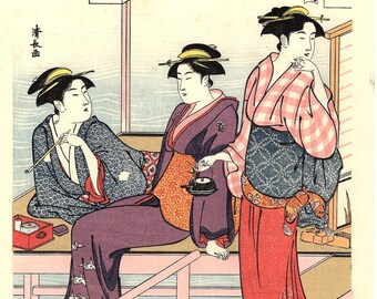 Japanese Ukiyoe, Woodblock print, antique, Kiyonaga, "Cooling off in the Evening at Shijo Riverbank"