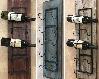 WINE RACK Wall Wood 5 Bottle Holder with Metal Home Decor Distressed Sturdy Kitchen Bar Wine Bath Towels Rustic Antique Red Cream White Blue