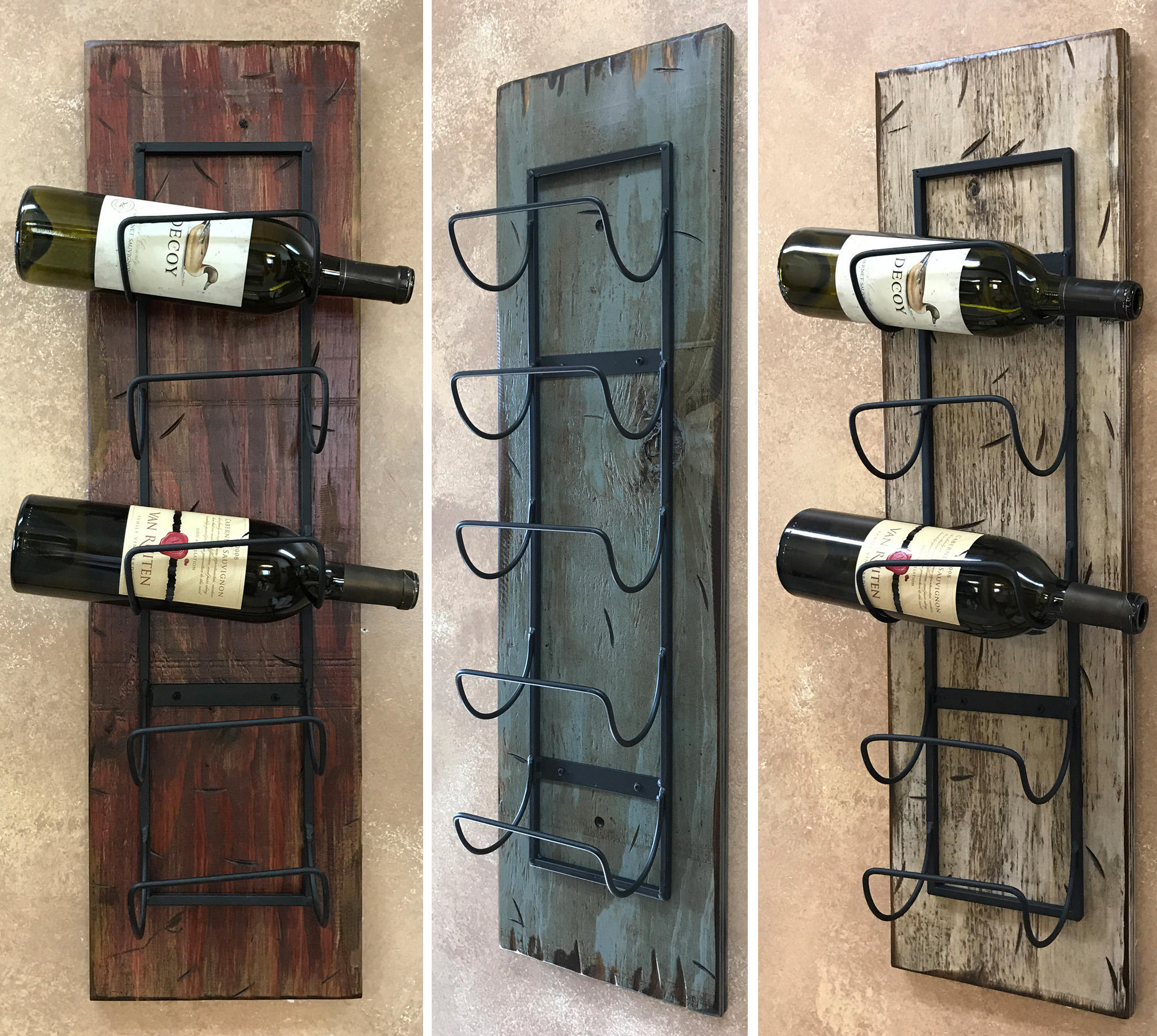 WINE RACK Wall Wood 5 Bottle Holder with Metal Home Decor Distressed