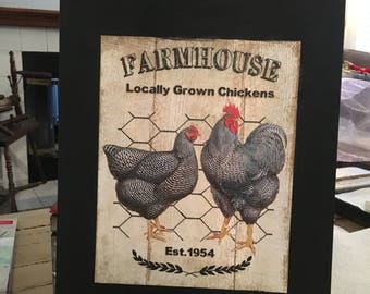 14x11 Canvas rooster picture. Black background with chicken and roosters