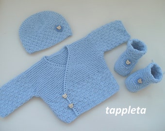 blue sweater set newborn, bear baby boy outfit, hospital clothes, coming home outfit, knitted sweater, hat and booties, cotton baby clothes