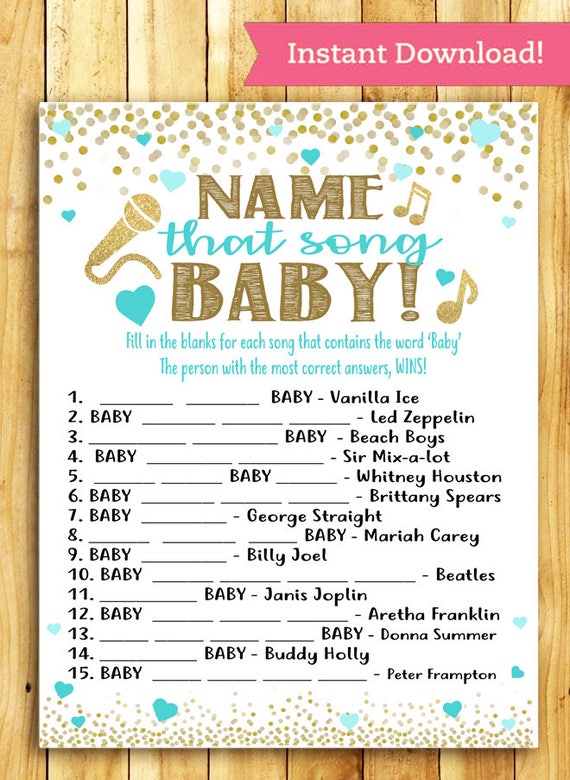 Baby Shower Game Name That Song BABY Teal Blue and Gold