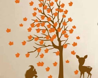 Childrens Wall Decals, Deer and Squirrel Tree - Nursery Kids Removable Wall Vinyl