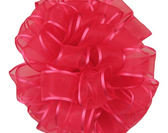 Hot Pink Wired Ribbon, 1 1/2", Sheer with Satin Edge - THREE YARDS - Offray "Arabesque #200" Shocking Pink, Wire Edged Ribbon