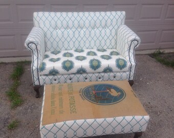 Custom Handmade Settee Loveseat with Vintage French Grain Sack Ottoman