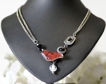 Wearable art pendant, short statement necklace, red necklace, asymmetrical necklace, stainless steel necklace, pendant necklace