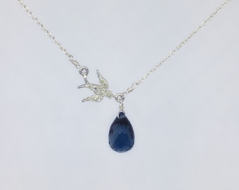 Sterling Silver Necklace With Blue Topaz Briolette and Diamond Bird