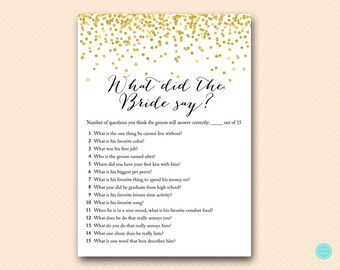 Gold Couples Shower Games, What did the Bride Say, What did she say about him, Newlywed Game, Bridal Shower Game, Games Download BS46 dd