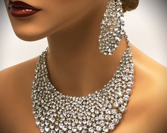 Bridal jewelry set, wedding jewelry, bib necklace earrings, Chunky rhinestone crystal bib necklace statement, Silver crystal jewelry set