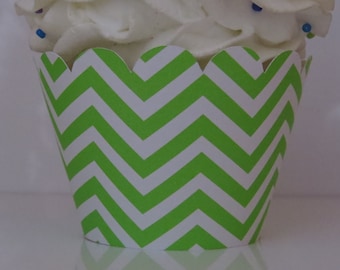 Lime Green Chevron Cupcake Wrappers... Fully Assembled...set of 12.. Baby Shower, Birthday, Bridal Shower