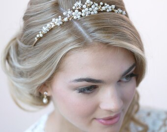 Pearl Gold Tiara, Bridal Hair Accessory, Gold Tiara, Pearl Bridal Crown, Wedding Crown, Bridal Headpiece, Rhinestone Bridal Tiara ~TI-723