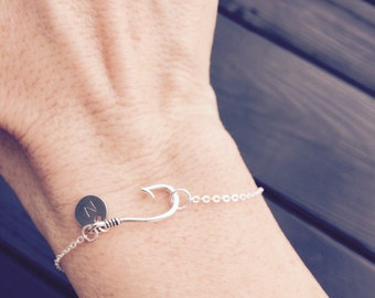 Sterling Silver Fish Hook Bracelet, Christian Jewelry, Silver Initial Bracelet, Sterling Anklet, Personalized Bracelet, Fishing Jewelry