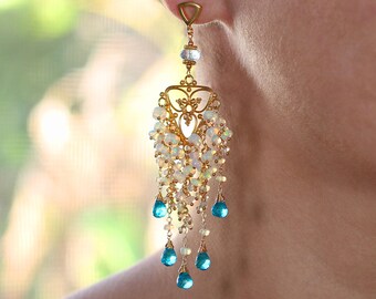 Ethiopian Opal Earrings Chandelier Earrings Gemstone Earrings Cluster Earrings Apatite Earrings October Birthstone Beautiful Chandeliers