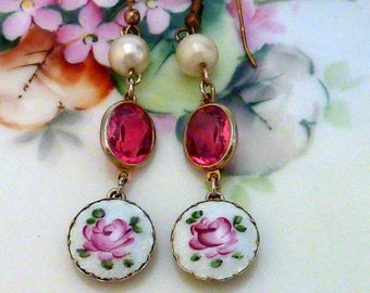 ENAMEL ROSE vintage antique assemblage floral earrings