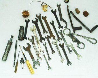 Antique Lot of 17 pcs Wrenches+ 8 pcs Metal Motor Instruments + 2 pcs straight screwdriver- Vintage Wrenches Set - Mans Set- Metal Set Tools