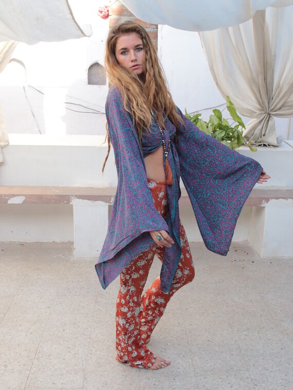PURPLE FLORAL CROP - Bell sleeve top - Silk Tie Top - Vintage - Festival Top - Retro - 70s - Crop Top - Cape - Kimono - Bespoke - Paisley