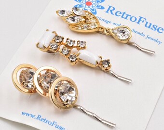 Gold rhinestone hair pins, milk glass rhinestone bobby pins, 1950s vintage weddng hair pin, bridal hair pins, bridesmaids gift, hair clips