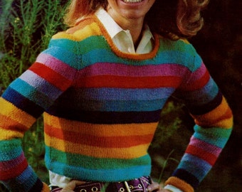 Rainbow Striped Pullover Sweater Vintage Knitting Pattern Download