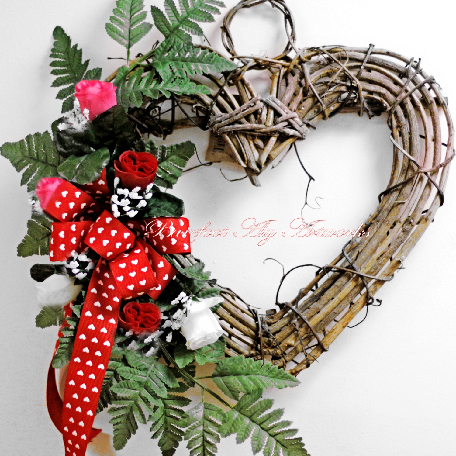 Anniversary Heart Wreath Silk Ferns Red White Pink Bow