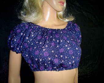 70s S Peasant Top Cropped Rayon WeirdoWear Navy Blue Floral Dot Print