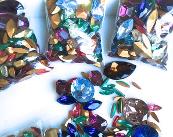 FOUR DOLLAR FINDS- Vintage Mix of multi colored Czech Glass Jewel Stones-Varied Shapes and Sizes for Jewelry, Collage,Kids Craft, Mosaic,Art