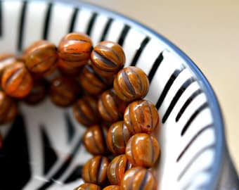 Little Latte - Premium Czech Glass Beads, Opaque, Translucent Burnt Orange, Brown Wash, Ribbed Baby Melon Rounds 6mm - Pc 25