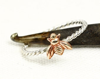 Bee Ring, Sterling Silver, Stacking Ring, Solid Silver and Brass, Silver Twist Ring