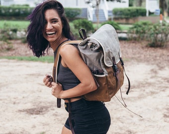 Grey / Roll top backpack, waxed canvas cycling backpack