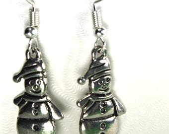Silver Snowman Earrings, Christmas Earrings, Holiday Jewelry, Dangle Earrings