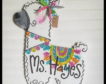 Hand painted Llama door hanger/ Llama sign/llama painting/teacher class sign