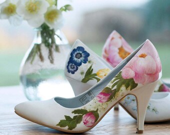 Pink peony and green buds flower handpainted custom floral wedding shoes