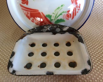 Anciens Français style primitif plat émail salle de bain lavabo bain savon reste porte-savon